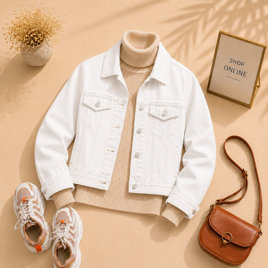 White Denim Jacket With Beige Ribknit High Neck