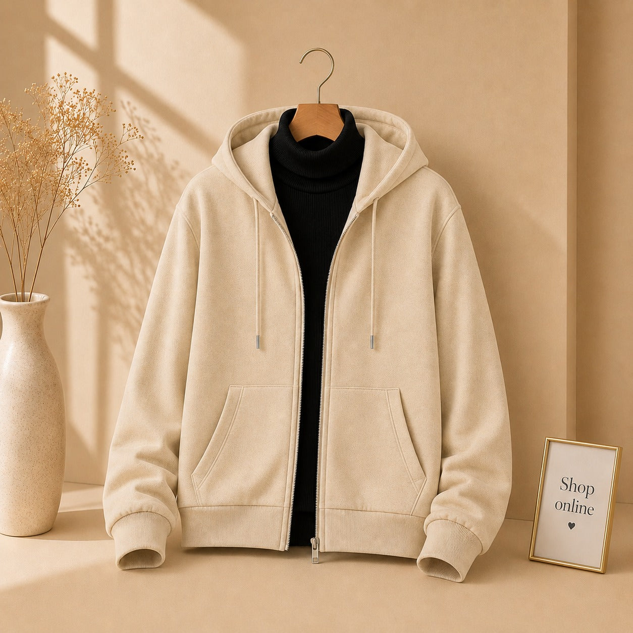 Basic Beige Zipper with Black Ribknit Highneck