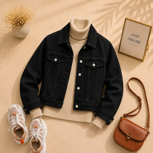 Black Denim Jacket With Beige Ribknit High Neck