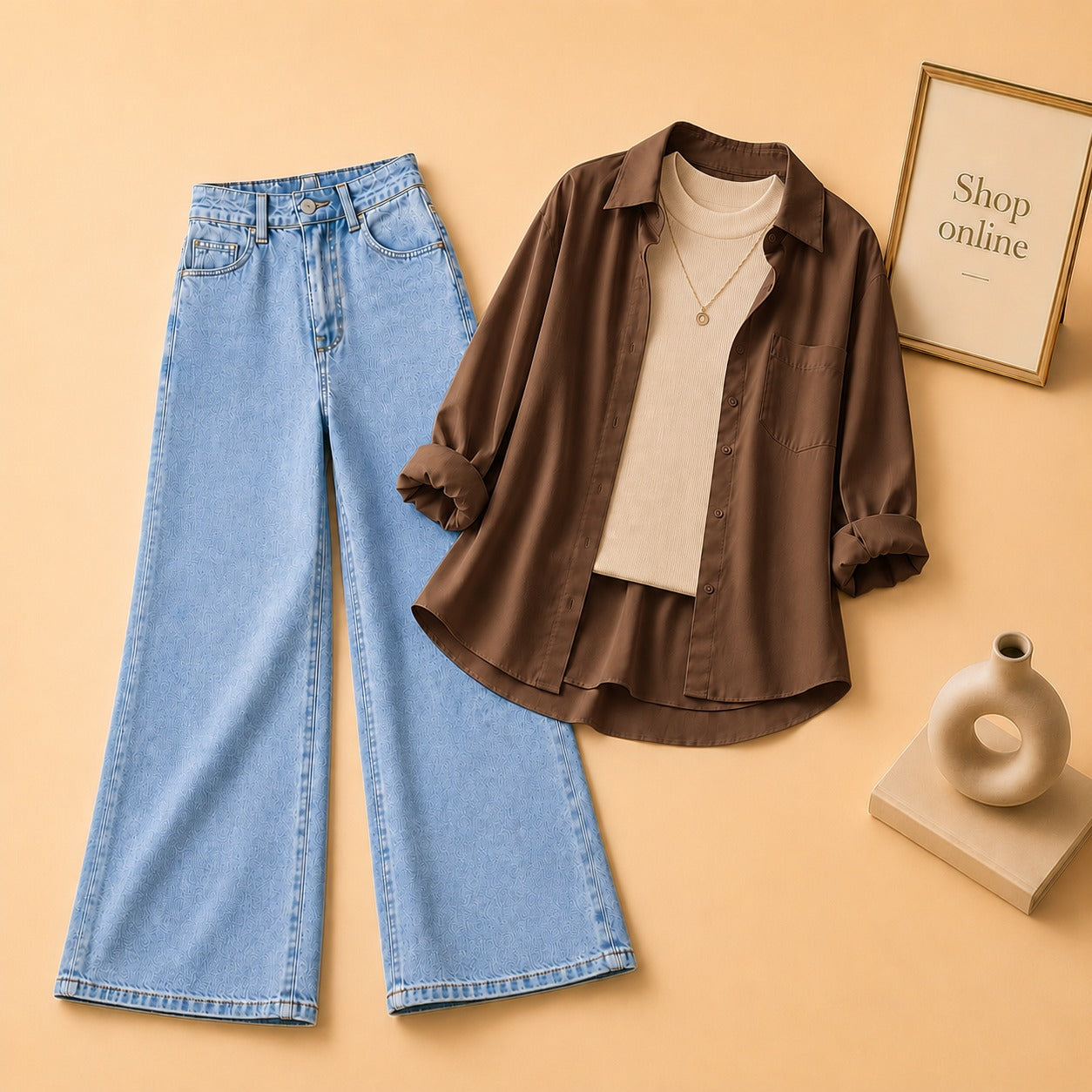 Brown Button Down Shirt with Beige Tank top and Sky Blue Wide Leg Jeans