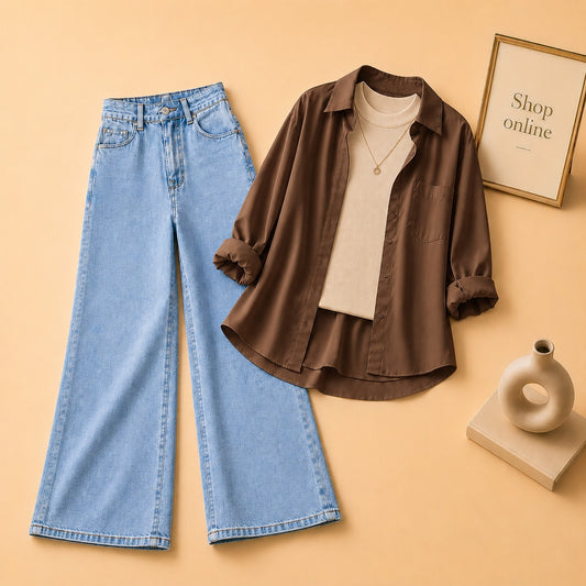 Brown Button Down Shirt with Beige Tank top and Sky Blue Wide Leg Jeans