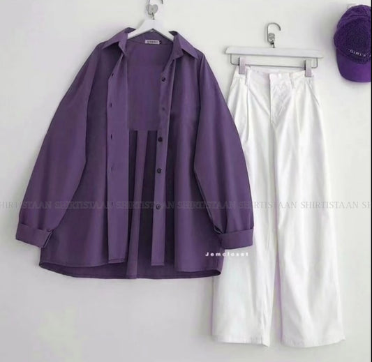 PURPLE BUTTON DOWN SHIRT WITH WHITE WIDE LEG JEANS