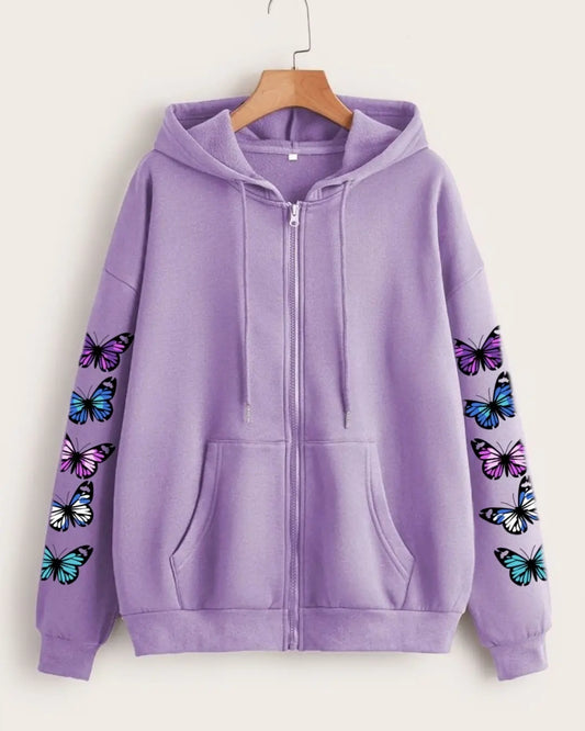 LILAC ZIPPER HOOD COLOURFUL BUTTERFLY LINE ON SLEEVE
