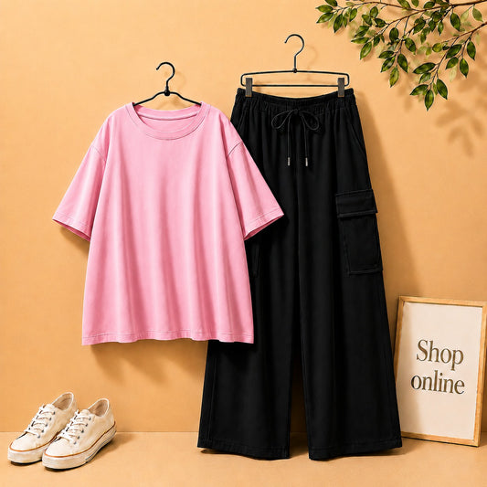 Pink Drop Shoulder Tee with Black Cargo Trouser