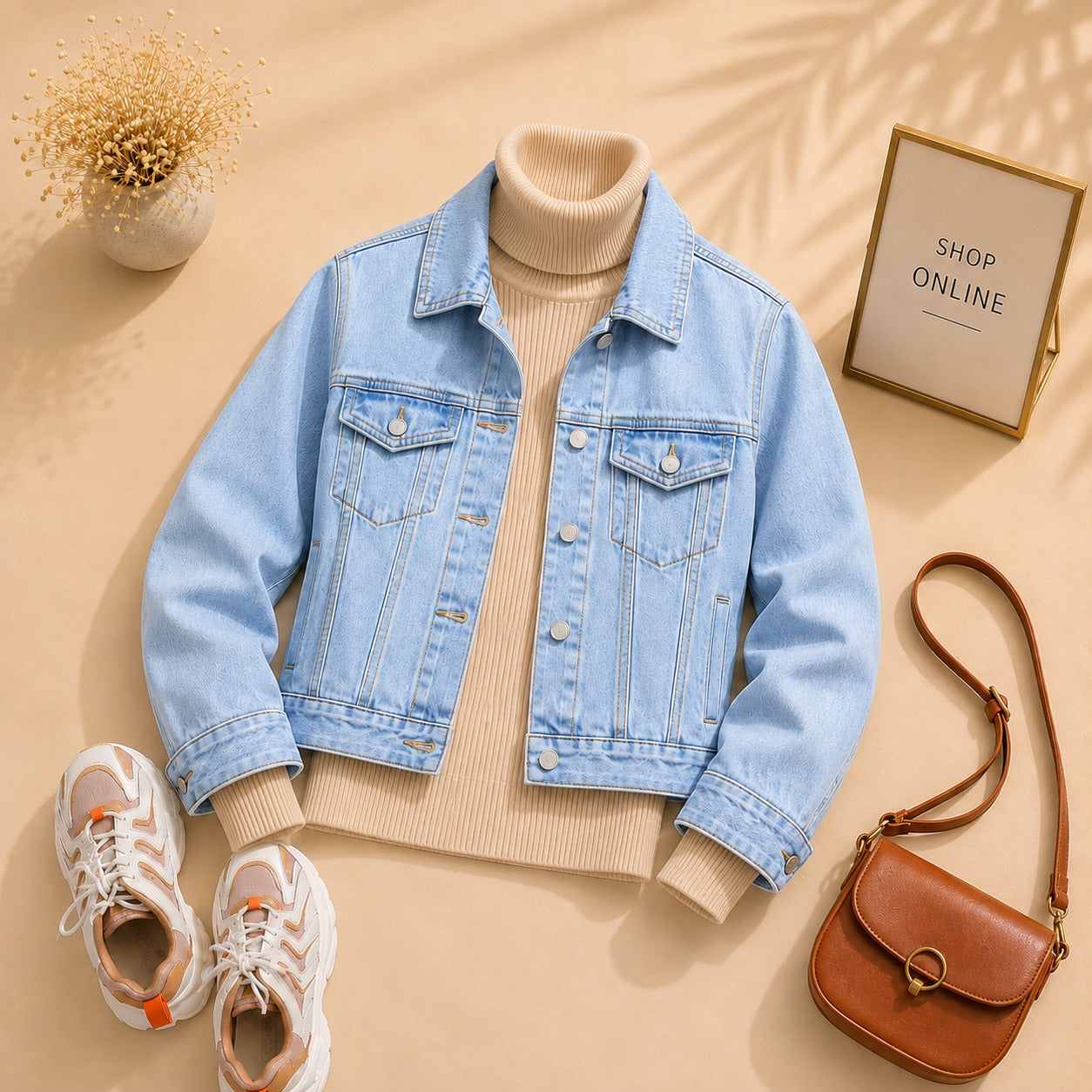 Ice Blue Denim Jacket With Beige Ribknit High Neck