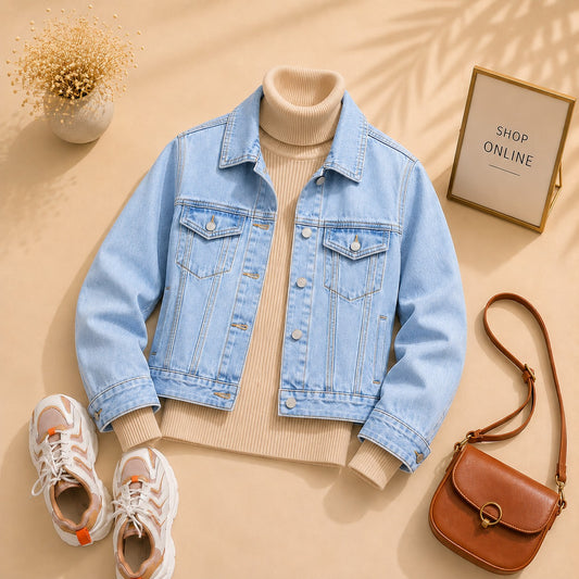 Ice Blue Denim Jacket With Beige Ribknit High Neck