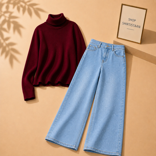 Maroon Ribknit High Neck with Malaysia Ice Blue Leg Jeans