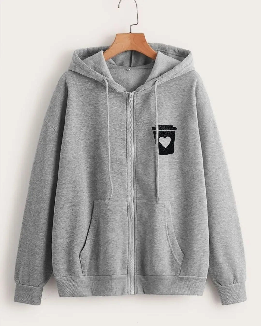 GREY ZIPPER HOOD COFFEE CUP ON POCKET