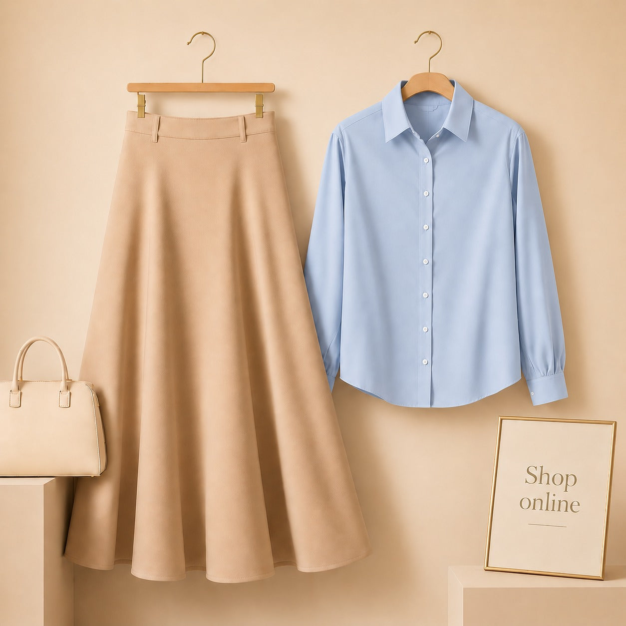 Sky Blue Button Down Shirt with Beige Cotton Twill Skirt
