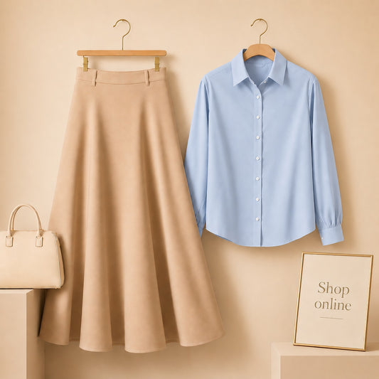 Sky Blue Button Down Shirt with Beige Cotton Twill Skirt