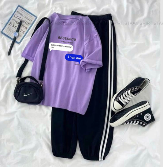 LILAC TSHIRT IMESSAGE WITH STRIPE TROUSER