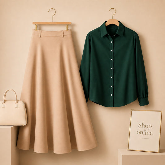 Bottle Green Button Down Shirt with Beige Cotton Twill Skirt