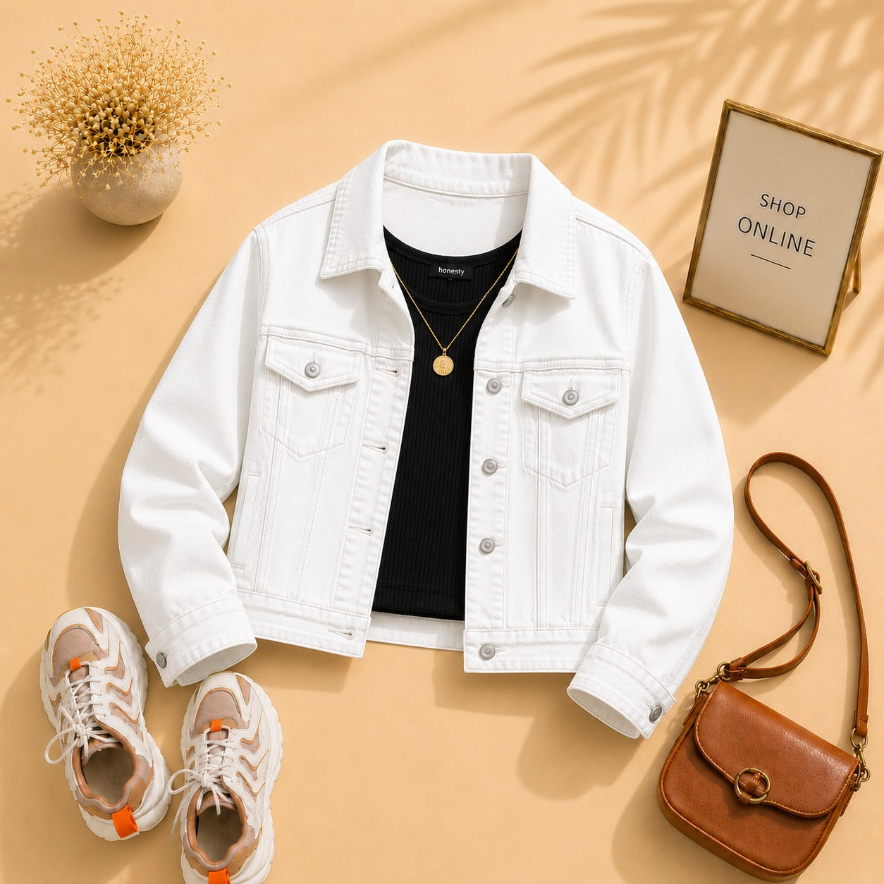 White Denim Jacket with Black Tanktop