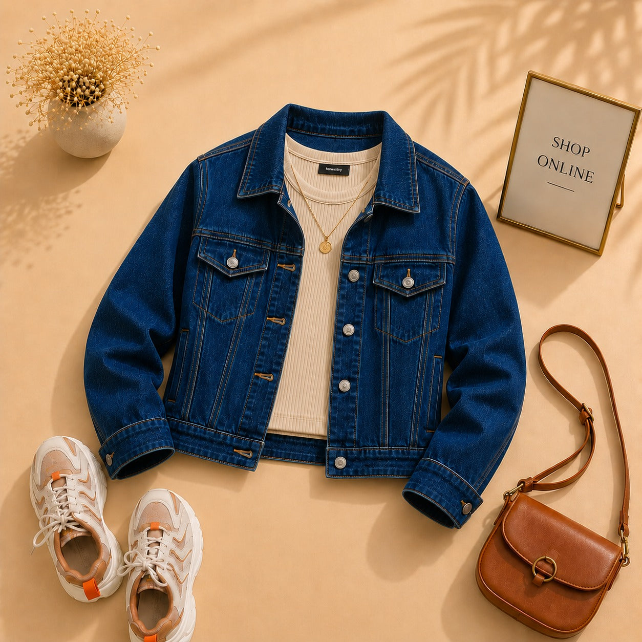 Dark Blue Denim Jacket with Beige Tanktop