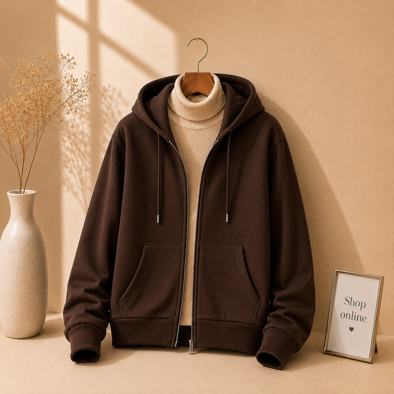 Basic Brown Zipper with Beige Ribknit Highneck