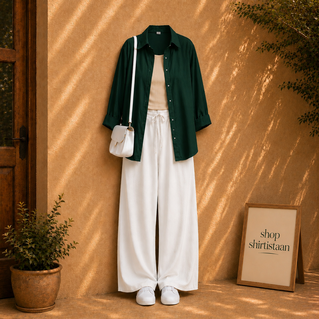 Bottle Green Button Down Shirt With Beige Tank top and White Flapper