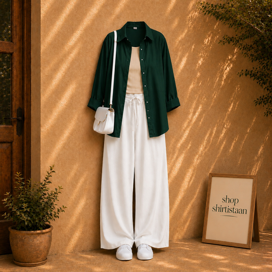 Bottle Green Button Down Shirt With Beige Tank top and White Flapper