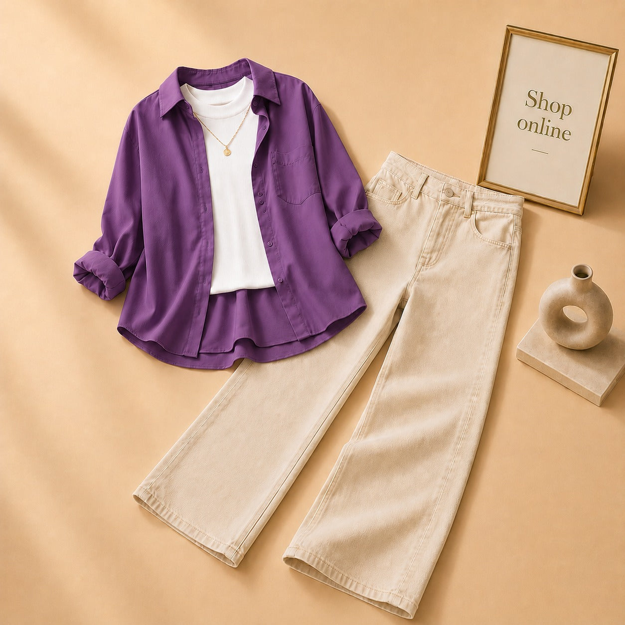 Purple Button Down Shirt with White Tank top and Beige Wide Leg Jeans