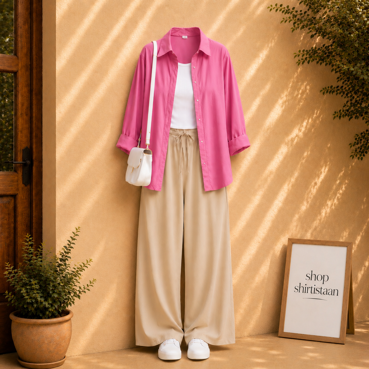 Pink Button Down Shirt With White Tank top and Beige Flapper