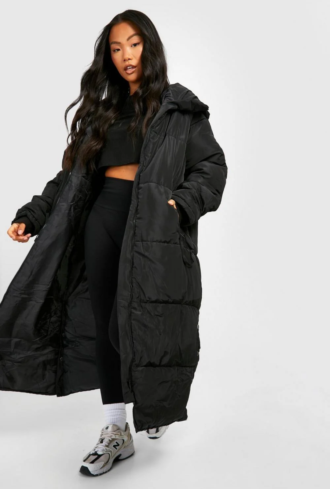 BLACK HOOD LONGLINE PUFFER JACKET