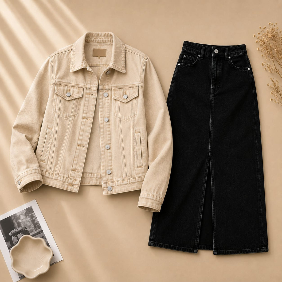 Beige Denim Jacket With Black Denim Skirt