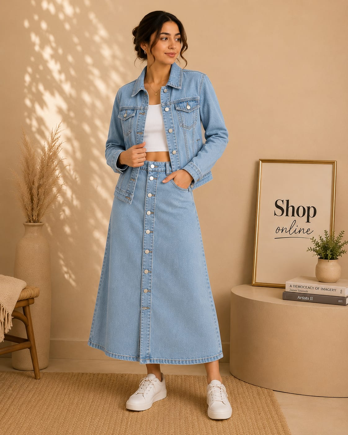 Sky Blue Denim Jacket With Sky Blue Denim Skirt