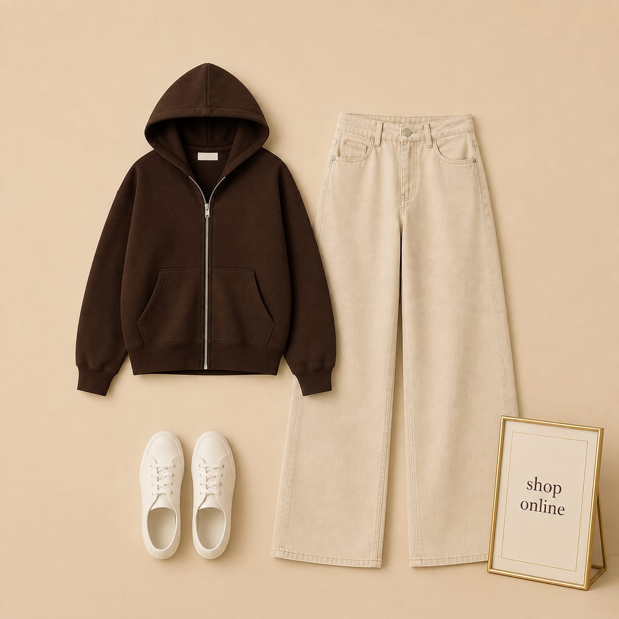 Brown Zipper with Beige Wide Leg Jeans