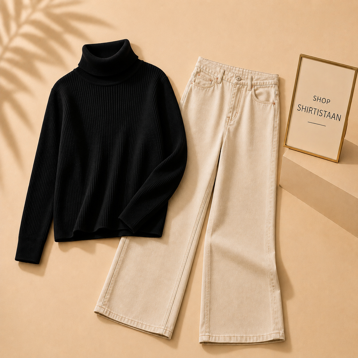 Black Ribknit High Neck with Beige Wide Leg Jeans