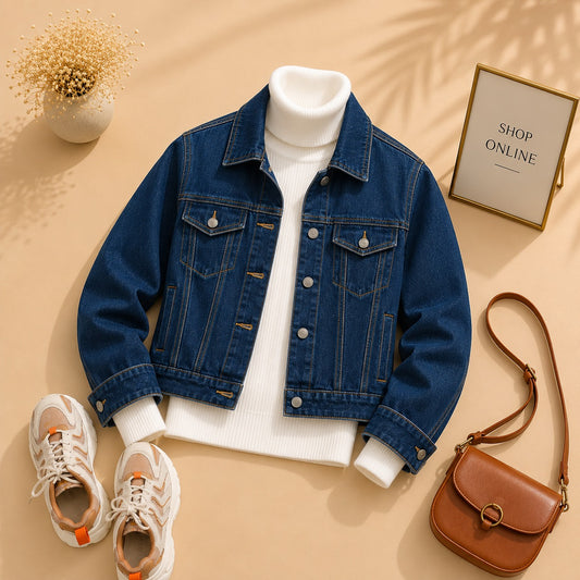 Dark Blue  Denim Jacket With White Ribknit High Neck