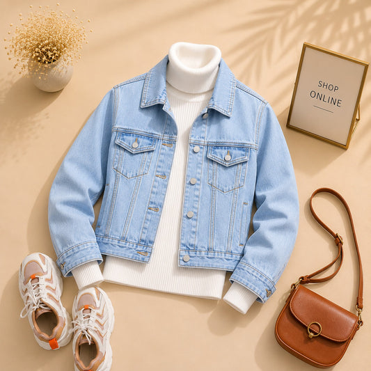 Ice Blue Denim Jacket With White Ribknit High Neck