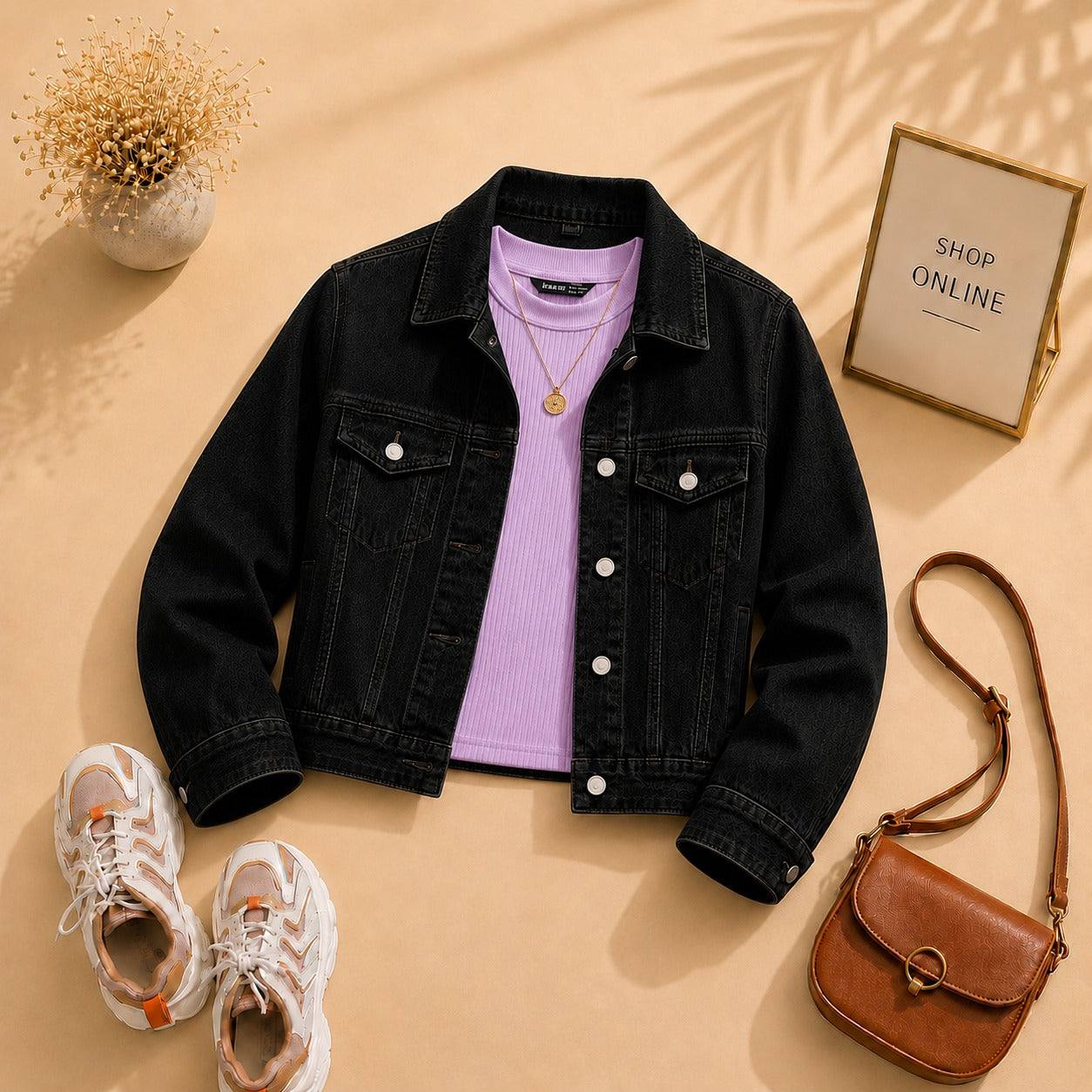 Black Denim Jacket with Lilac Tanktop
