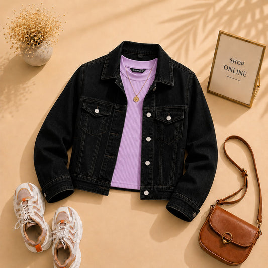 Black Denim Jacket with Lilac Tanktop