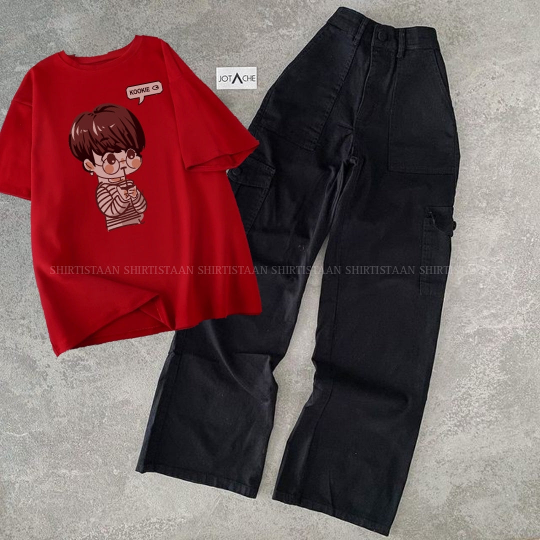 RED TEE KOOKIE WITH BLACK CARGO JEANS