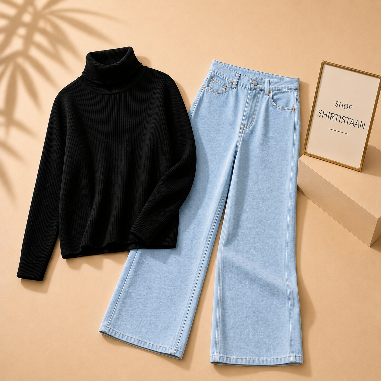 Black Ribknit High Neck with Ice Blue Wide Leg Jeans