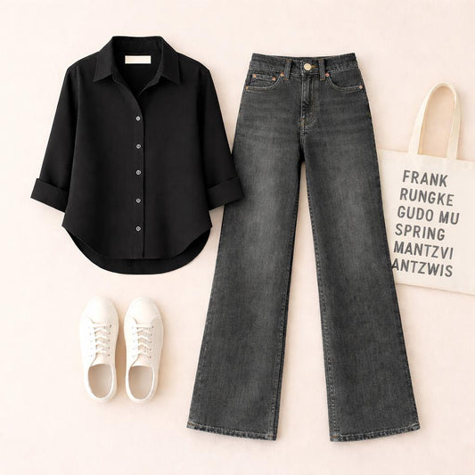 Black Button Down Shirt with Malaysia Black Wide Leg Jeans