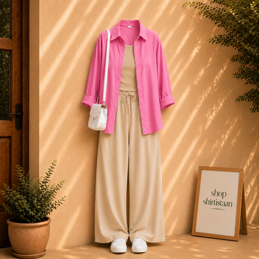 Pink Button Down Shirt With Beige Tank top & Beige Flapper