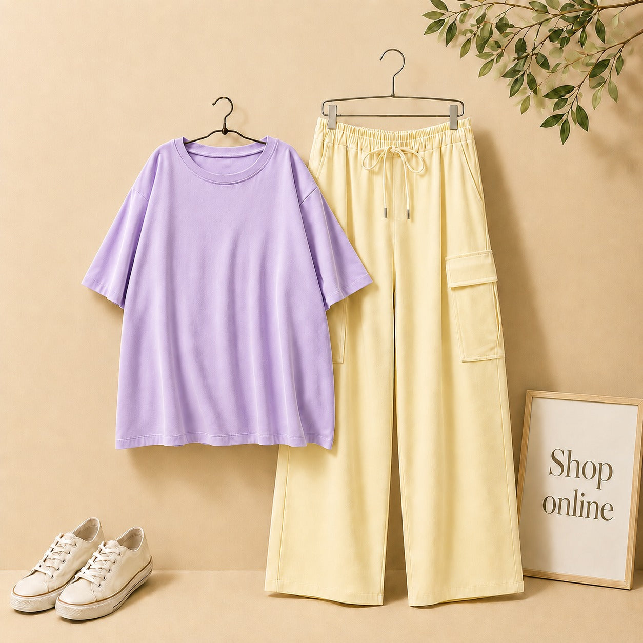 Lilac Drop Shoulder Tee with Beige Cargo Trouser