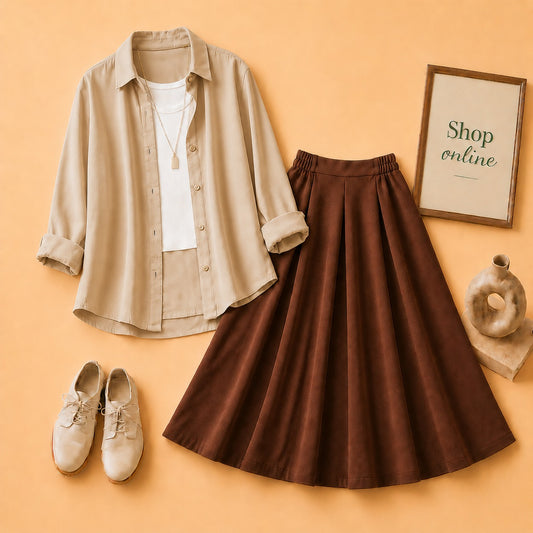 Beige Button Down Shirt with White Tanktop & Brown Twill Skirt