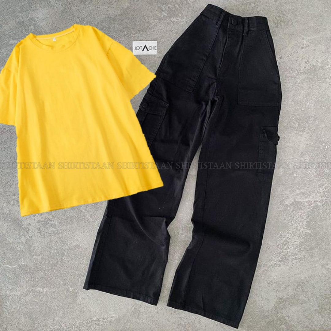 PLAIN YELLOW TEE WITH BLACK CARGO JEANS