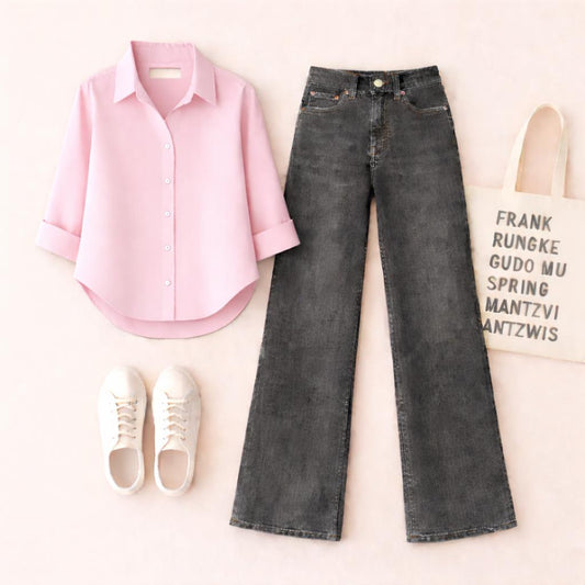 Pink Button Down Shirt with Malaysia Black Wide Leg Jeans