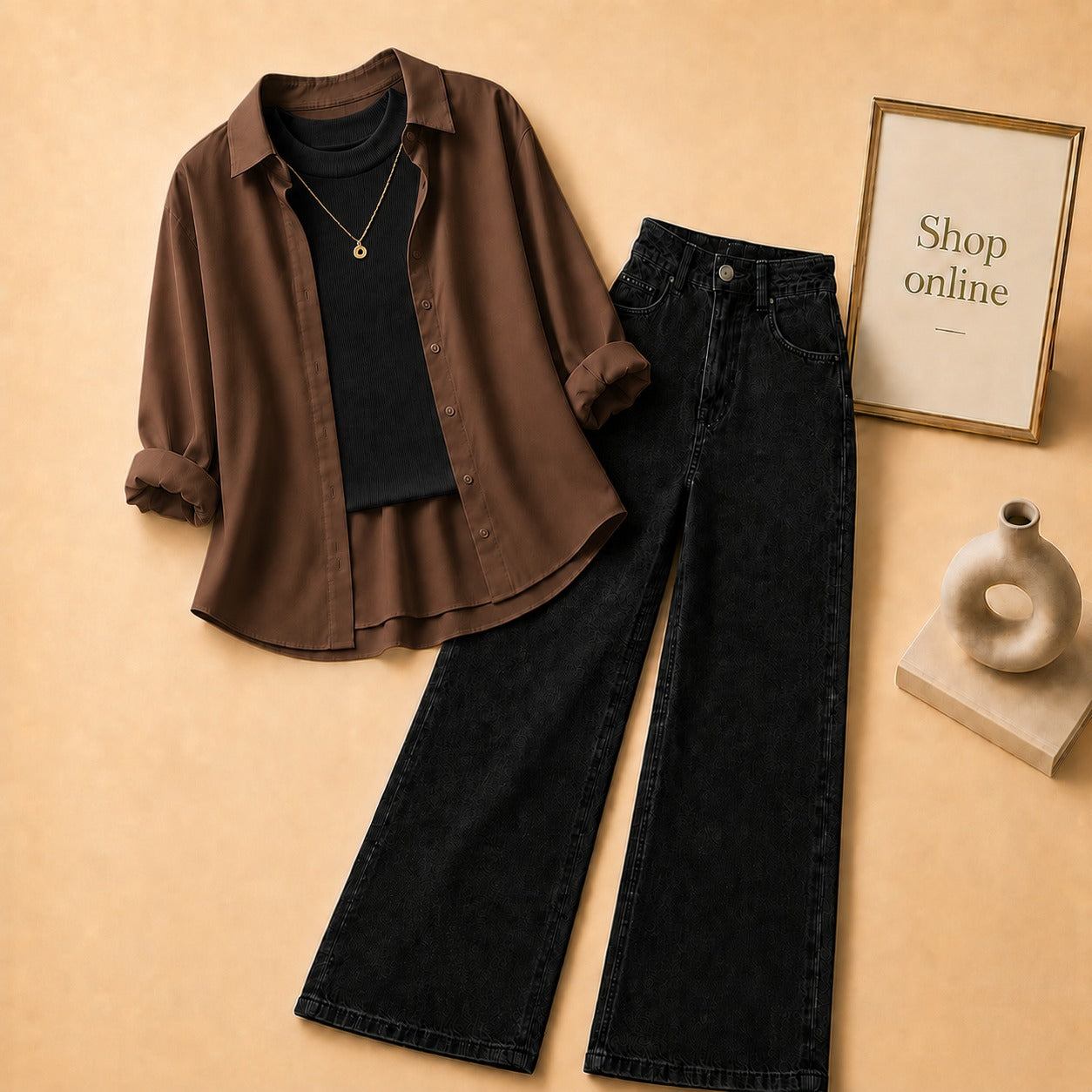 Brown Button Down Shirt with Black Tank top and Black Wide Leg Jeans