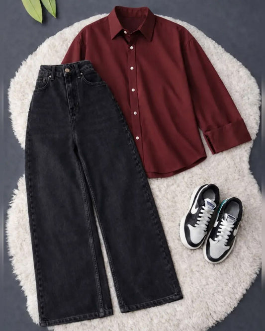 Maroon Button Down Shirt with Black Wide Leg Jeans