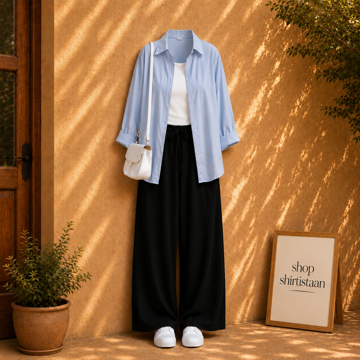 Sky Blue Button Down Shirt With White Tank top and Black Flapper