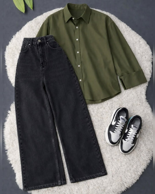 Olive Green Button Down Shirt with Black Wide Leg Jeans