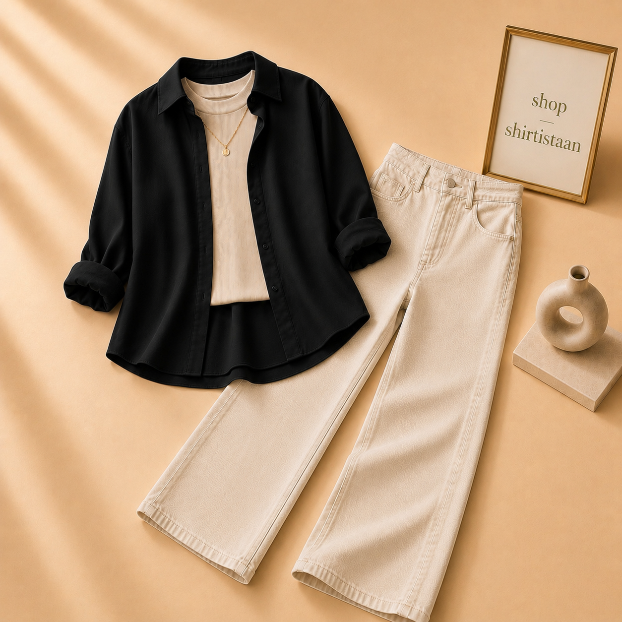 Black  Button Down Shirt with Beige Tank top and Beige Wide Leg Jeans