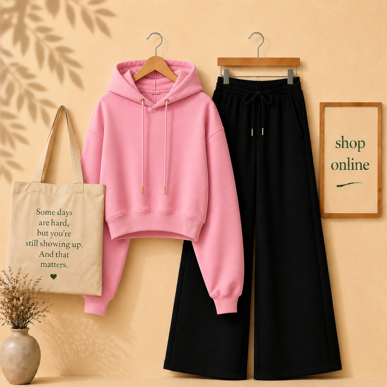Basic Pink Crop Hoodie with Black Flapper