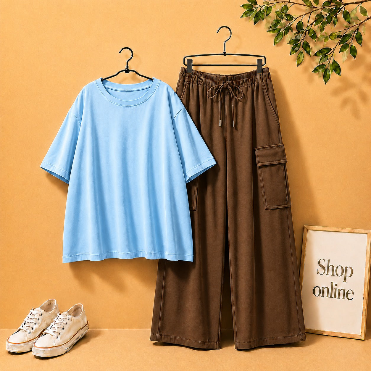 Sky Blue Drop Shoulder Tee with Brown Cargo Trouser