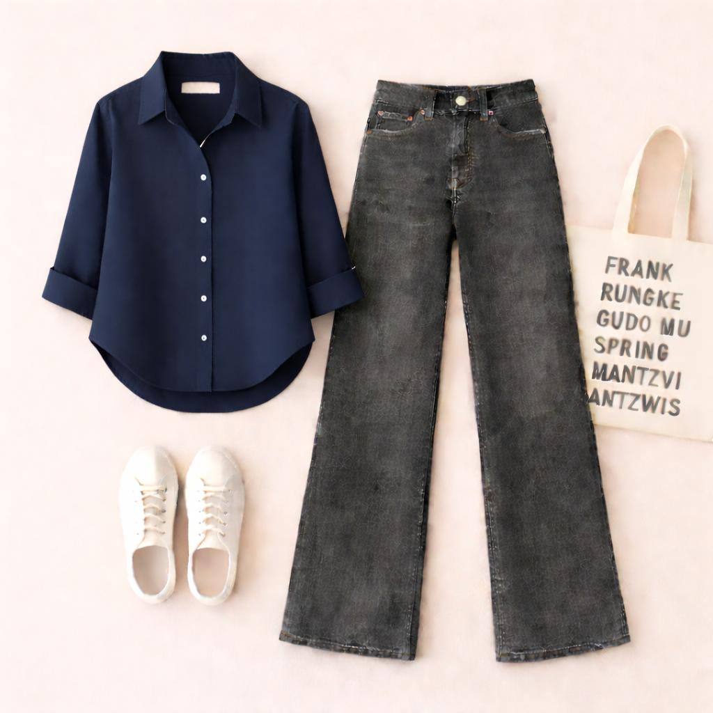 Navy Blue Button Down Shirt with Malaysia Black Wide Leg Jeans