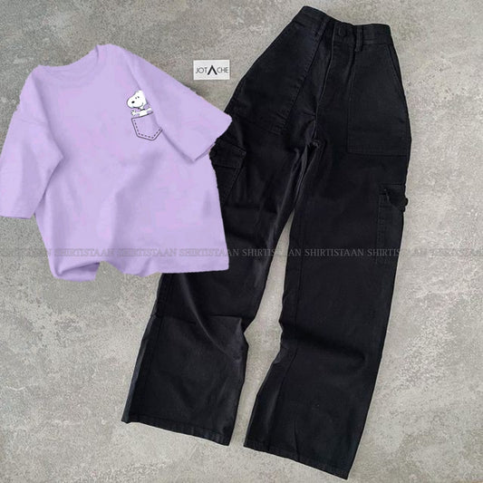 LILAC TEE POCKET PUPPY WITH BLACK CARGO JEANS