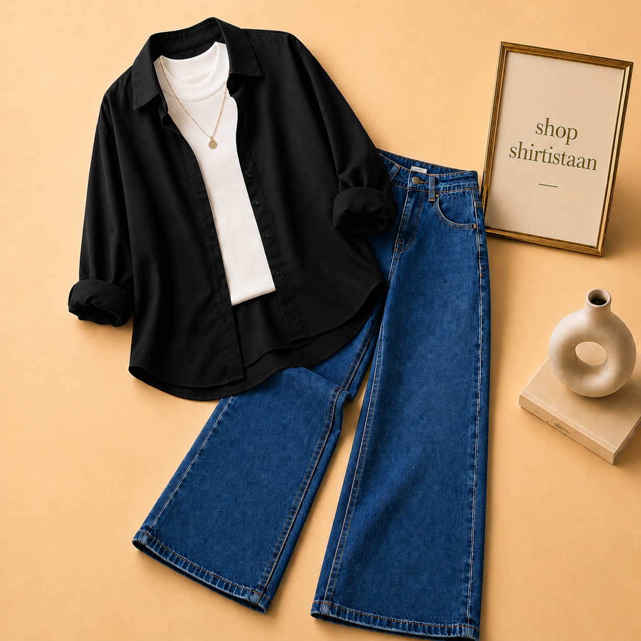 Black Button Down Shirt with White Tank top and Mid Dark Blue Wide Leg Jeans